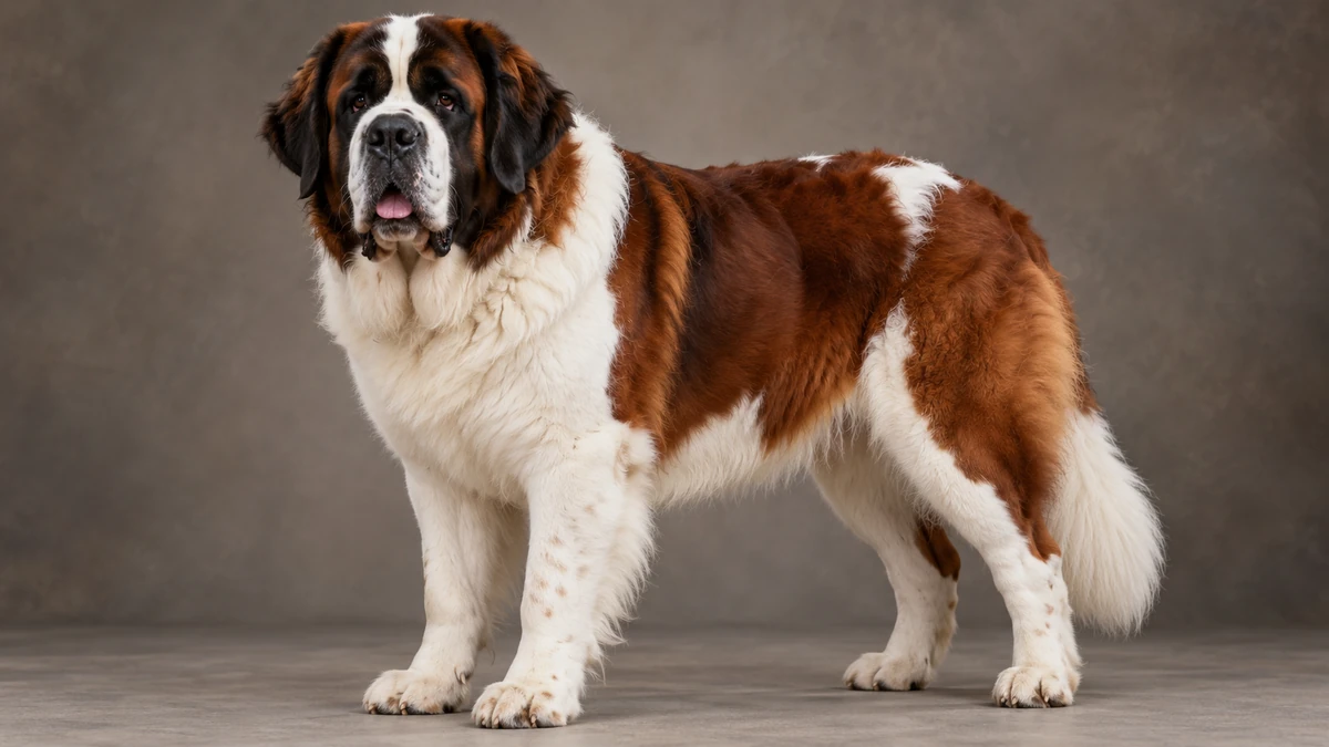 Saint Bernard köpek — beyaz + koyu mahogani renk