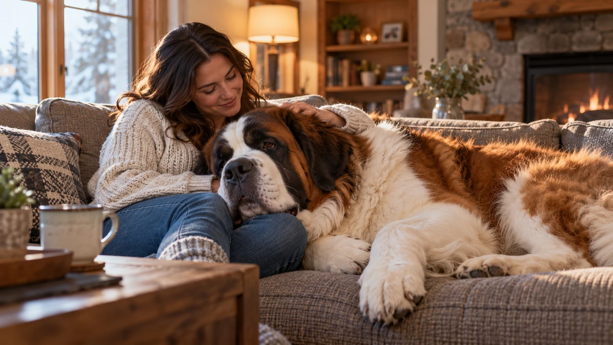 Saint Bernard köpek — sahibinin kucağında