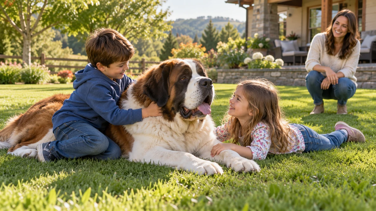 Saint Bernard köpek — çocuklarla oyun